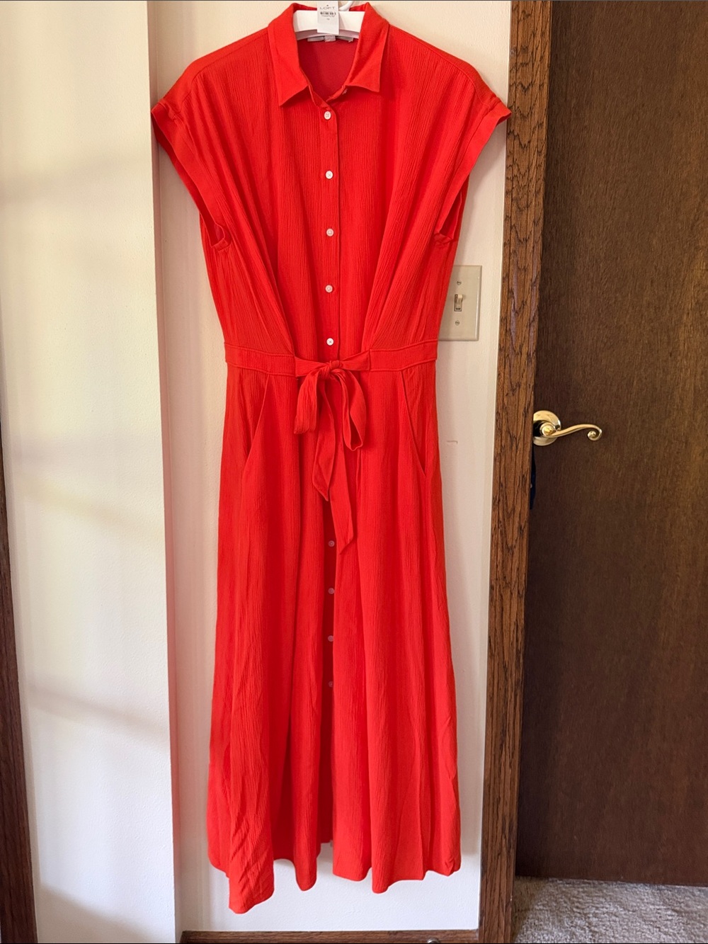 LOFT Orange Button-Front Midi Dress with Tie Waist